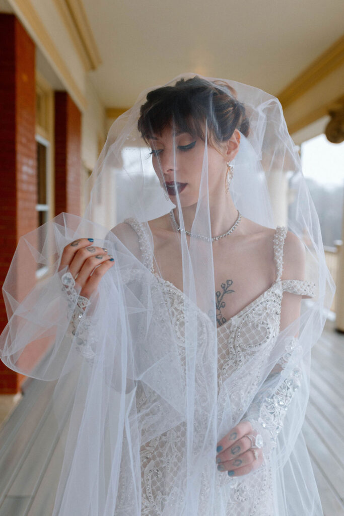 Alternative Bride, Veil Shot Inspiration, Dreamy, Rainy Wedding at Squantum Association, Riverside RI 